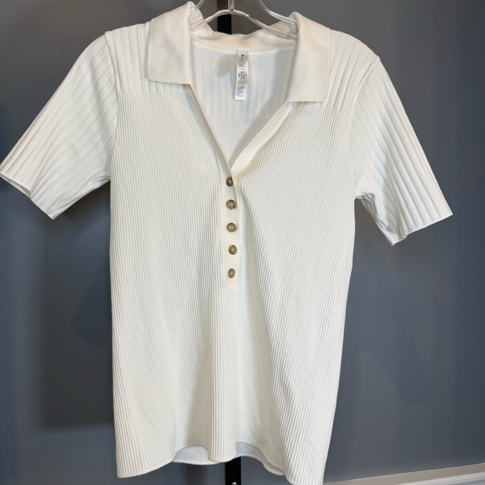 Athleta Luxe‎ Seamless Polo Stretch Minimalist Collared Neutral Top Cream Medium